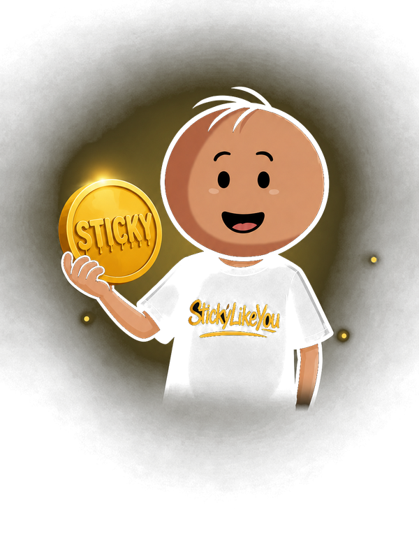 Sticky mascot holding STICKY coin